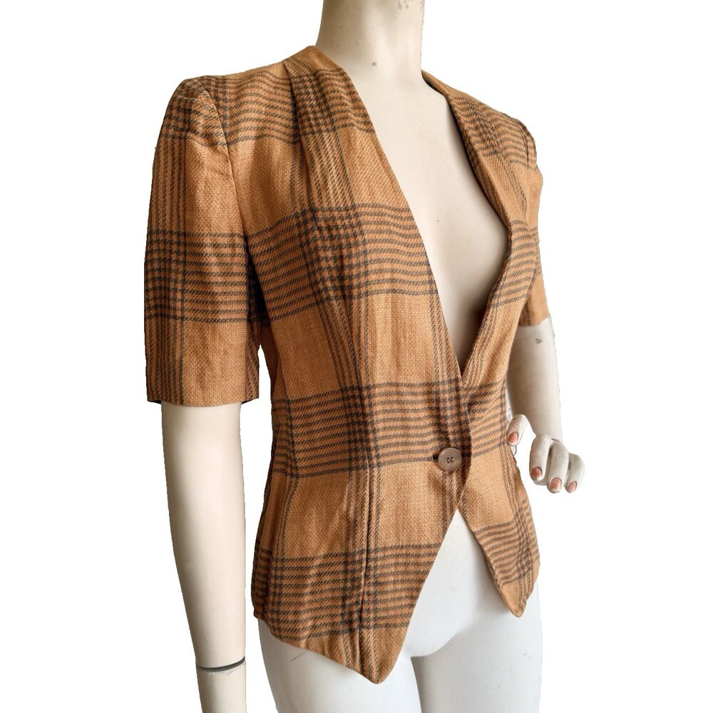 GIORGIO ARMANI Jacket Blazer 100% Flax Linen Vintage Womens Plaid Top IT 38 US 4